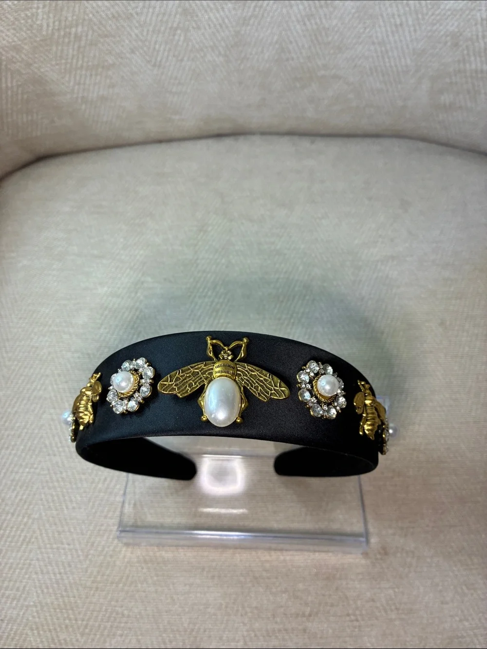 Source Unknown Black Satin Headband with Gold Bee and Pearl Details